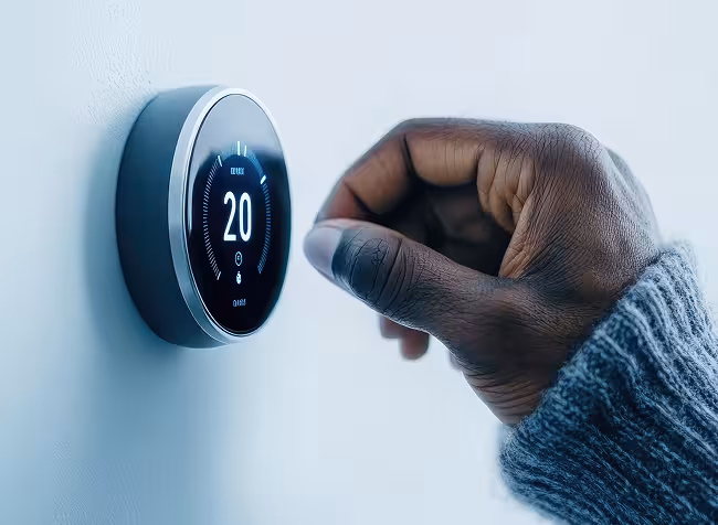 Person-adjusting-a-smart-thermostat-on-a-wall Adjusting Smart Thermostat on Wall