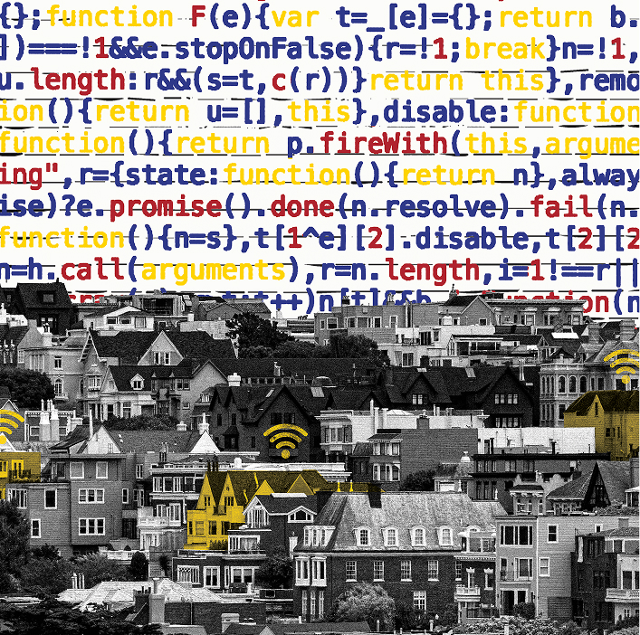 A smart home with a network shown connecting it to the grid