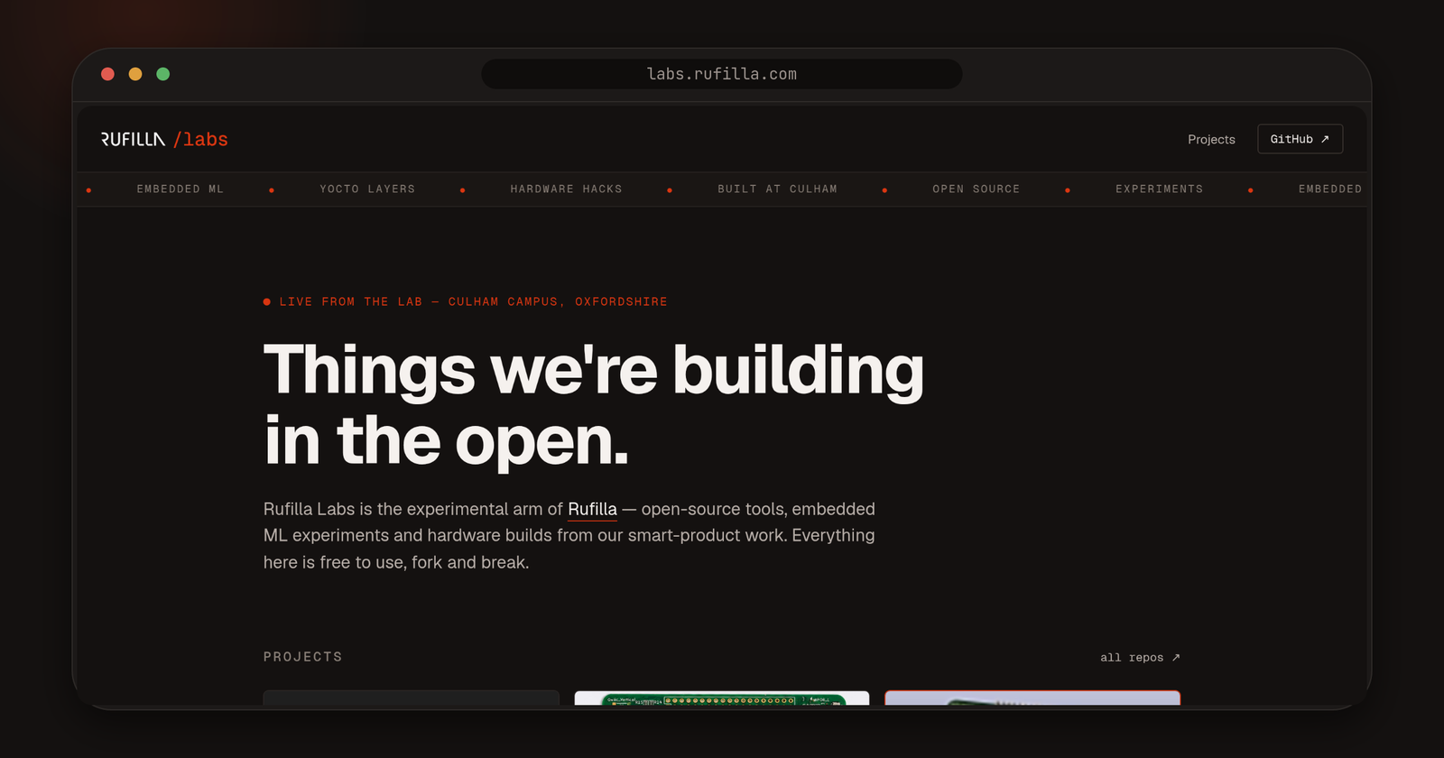 The Rufilla Labs homepage shown in a browser window, headed 'Things we're building in the open.'