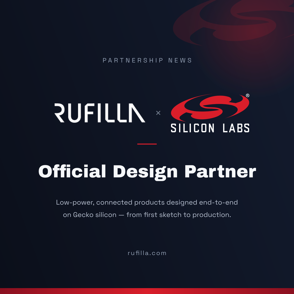 Rufilla and Silicon Labs logos on a dark background with the text 'Official Design Partner'